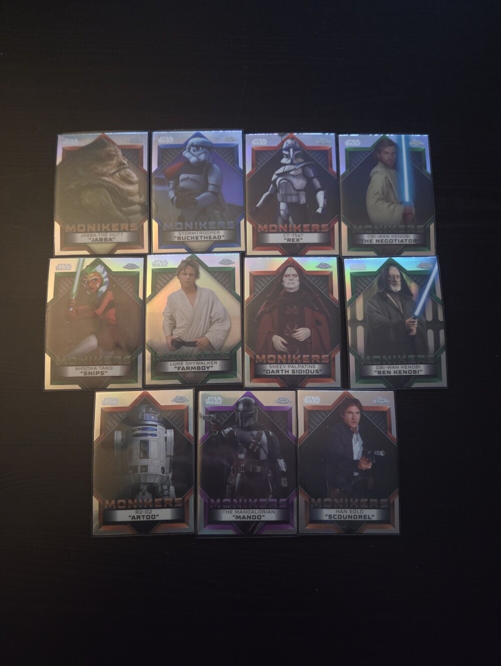 2023 Topps Star Wars Chrome Monikers Trading Cards, Mando, R2-D2, Han Solo etc